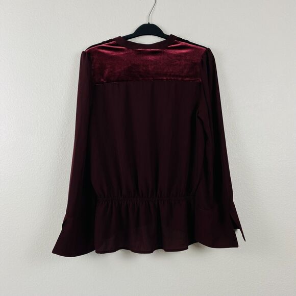 Worthington Blouse Tie Neck L Burgundy Velvet‎ Upper Bell Sleeves NWT - Picture 8 of 11